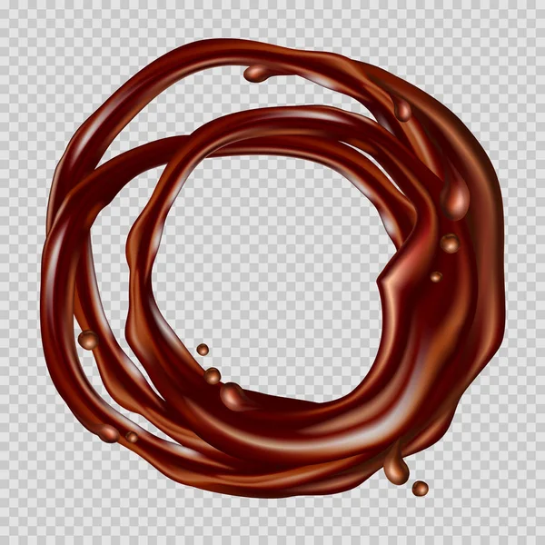 Salpicadura de chocolate realista y gotas fluyen en un círculo . — Vector de stock