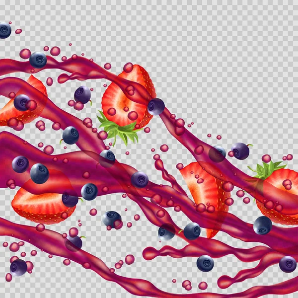 Salpicos de suco com morangos e mirtilos . —  Vetores de Stock