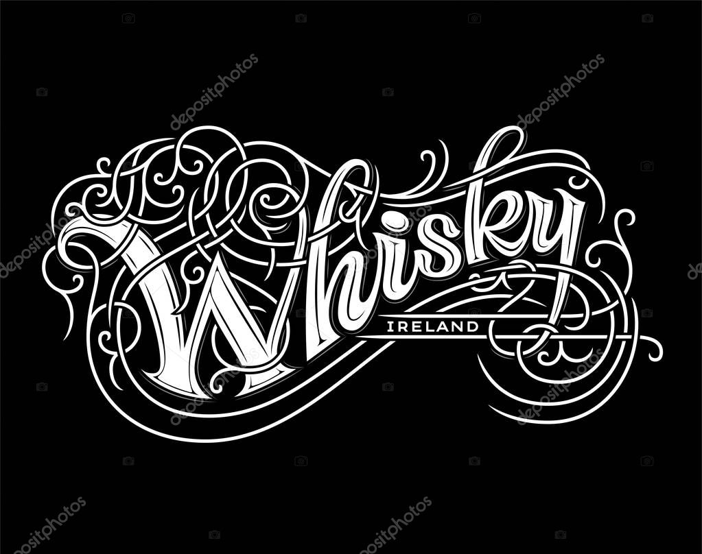 Victorian Vintage Whisky Letter. Ornamental Illustration. Old Label Alcohol Drink. Elegant Lettering Label.