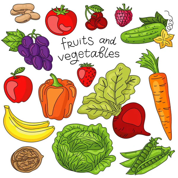 Conjunto Alimentos Saludables Frutas Verduras Vegetariano Comida Dietética — Archivo Imágenes Vectoriales