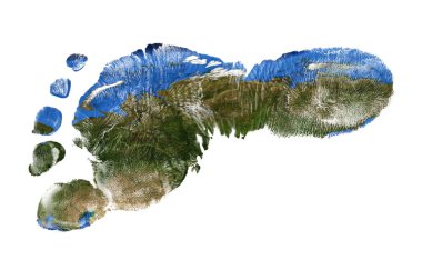 Çocuk ayak gerçek baskı ile Rusya - beyaz arka plan üzerinde izole bir dünya haritası