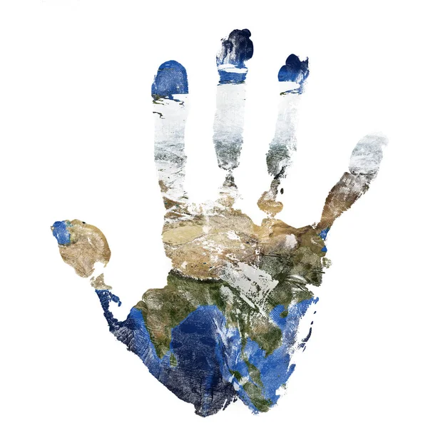 Реальный Отпечаток Руки Сочетании Картой Азии Нашей Голубой Планеты Земля — стоковое фото