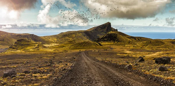 風光明媚な道路と Snaefellsnes 半島の高地の風景シュール Snaefellsjokull アイスランドの氷河の近きます ウーリーの灰色緑の苔繁栄活気に満ちた若い溶岩の上 — ストック写真