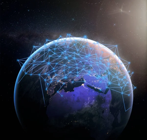 Uzaydaki Mavi Gezegenimiz Üzerindeki Küresel Iletişim Ağı Dünya Çapında Kablosuz — Stok fotoğraf
