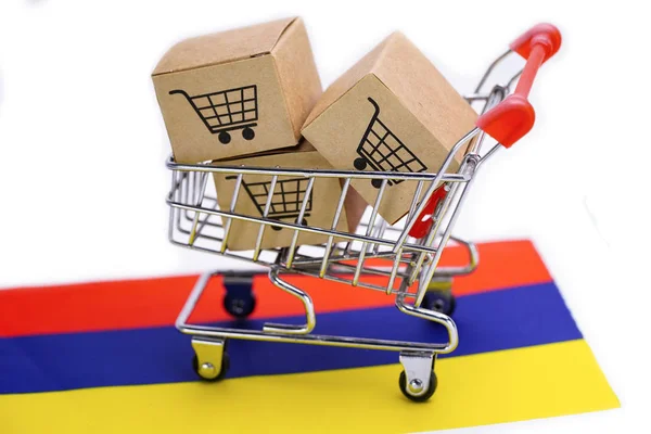 ショッピングカートのロゴとアルメニアフラグを持つボックス 輸入輸出ショッピングオンラインまたはEコマース配達サービス店製品出荷 サプライヤーコンセプト — ストック写真
