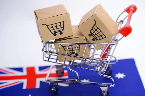 Box with shopping cart logo and Australia flag : Import Export Shopping online or eCommerce delivery service store product shipping, trade, supplier concept.