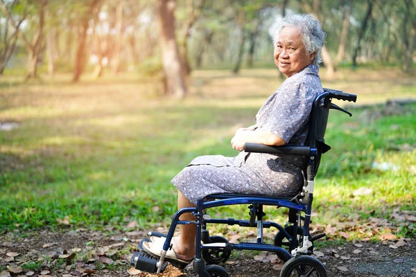 在公园轮椅的亚洲老人或老年老太太妇女患者 健康强的医学概念 — 图库照片