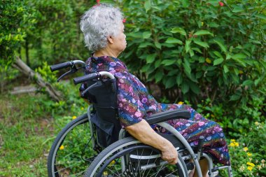 Asya kıdemli veya yaşlı yaşlı kadın kadın hasta tekerlekli sandalye Park Tarih: sağlıklı güçlü tıp kavramı 