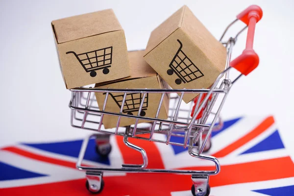 Box with shopping cart logo and England flag : Import Export Shopping online or eCommerce delivery service store product shipping, trade, supplier concept.