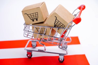 Alışveriş sepeti logosu ve Avustralya bayrağı ile Kutu : İthalat İhracat Alışveriş online veya e-ticaret finans teslimat hizmeti mağaza ürün nakliye, ticaret, tedarikçi kavramı