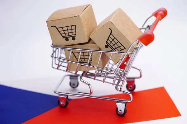 Box with shopping cart logo and Czech Republic flag : Import Export Shopping online or eCommerce finance delivery service store product shipping, trade, supplier concept