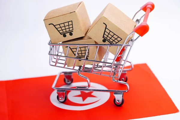 Box with shopping cart logo and Tunisia flag : Import Export Shopping online or eCommerce finance delivery service store product shipping, trade, supplier concept