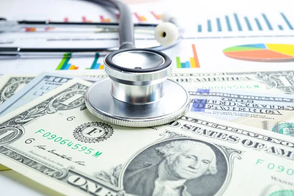 Stethoscope Dollar Banknotes Chart Graph Paper Financial Account Statistics Business — Stock Photo, Image