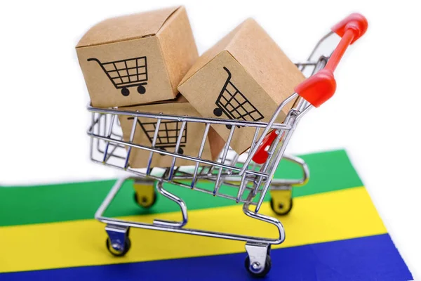 Box Mit Warenkorb Logo Und Gabon Flagge Import Export Shopping — Stockfoto