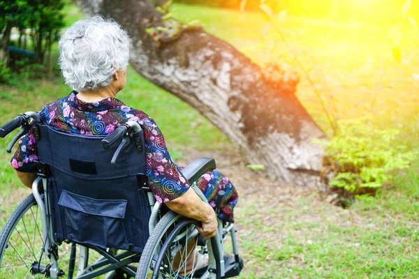 在公园轮椅的亚洲老人或老年老太太妇女患者 健康强的医学概念 — 图库照片