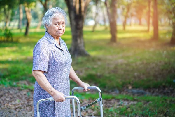 Asian Senior Elderly Old Lady Woman Patient Walk Walker Park — Stock Photo, Image