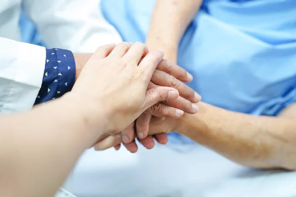 Holding Touching Hands Asian Senior Elderly Old Lady Woman Patient — Stock Photo, Image