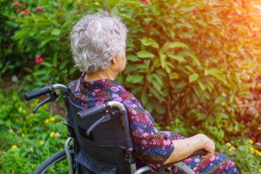 Asya kıdemli veya yaşlı yaşlı kadın kadın hasta tekerlekli sandalye Park Tarih: sağlıklı güçlü tıp kavramı