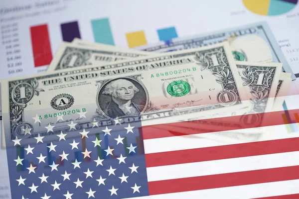 Dollar Banknoten Geld Auf Diagramm Tabellenkalkulationspapier Mit Usa Flagge Finanzentwicklung — Stockfoto