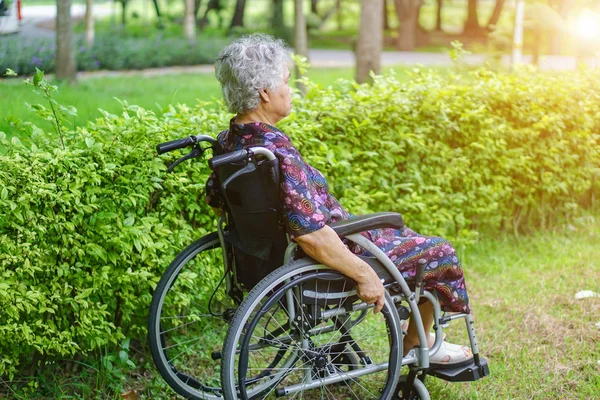 アジア高齢者 高齢者公園の車椅子の老婦人女性患者 健康の強い医療コンセプト — ストック写真