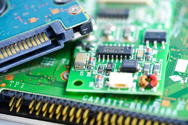 E-waste electronic, computer circuit cpu chip mainboard core processor electronics device : concept of data, hardware, technician and technology
