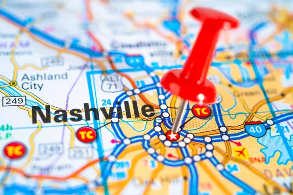 Nashville Tennessee Road Map Red Pushpin City United States America — Stock Photo, Image