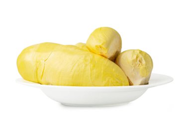 Kesme yolu ile beyaz arkaplanda izole Durian taze yemek.