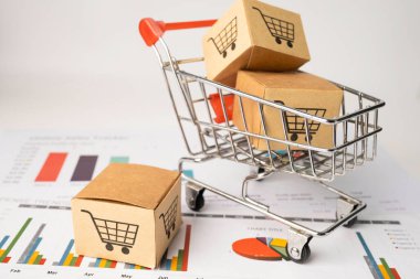 Grafik arkaplanlı alışveriş arabasının logosu. Bankacılık Hesabı, Yatırım Analitik Araştırma Veri Ekonomisi, Ticaret, Ticari İthalat İhracat İhracat Taşımacılığı Çevrimiçi Şirket Konsepti.