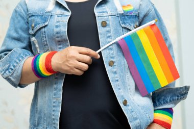 Mavi kot ceket ya da kot pantolon giyen ve elinde gökkuşağı renkli bayrak tutan Asyalı kadın, LGBT gurur ayının sembolü, Haziran sosyal ortamında eşcinsel, lezbiyen, biseksüel, transseksüel, insan hakları.