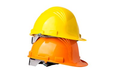 Kask, kırpma yolu ve mühendislik güvenlik konseptiyle beyaz arkaplanda izole edildi.