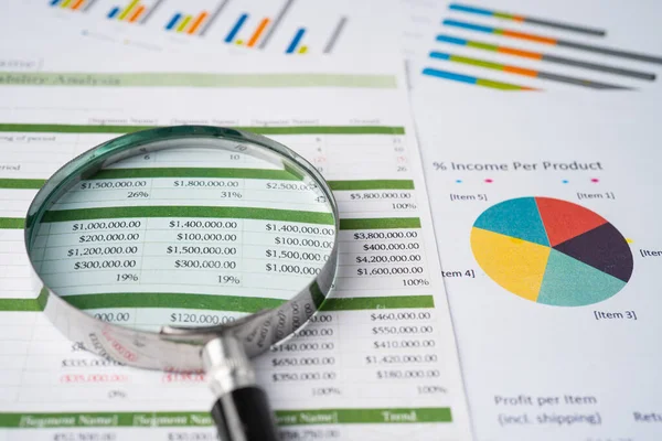 Förstoringsglas Diagram Grafer Papper Finansiell Utveckling Bankkonto Statistik Investeringsanalys Börshandel — Stockfoto