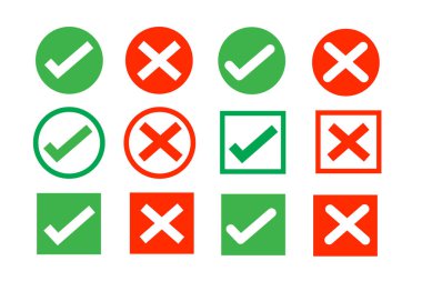 Beyaz arkaplan, vektör illüstrasyonunda izole edilmiş işaretleme ve çapraz işaretleme simgeleri.