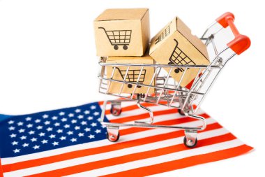 Alışveriş arabası logosu ve ABD bayraklı kutu, İthalat İhracat Alışveriş çevrimiçi veya eCommerce finans dağıtım mağazası dağıtım hizmetleri nakliyat, ticaret, tedarikçi kavramı.