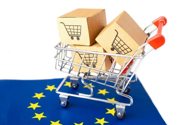 Box Shopping Cart Logo Euro Flag Import Export Shopping Online — Stock Photo, Image