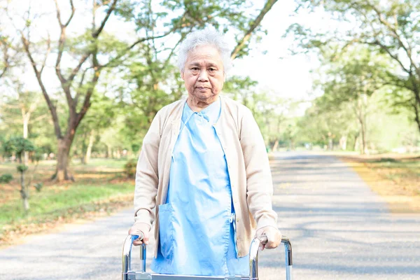 亚洲老年老年妇女患者与步行者在公园散步 健康有力的医疗理念 — 图库照片