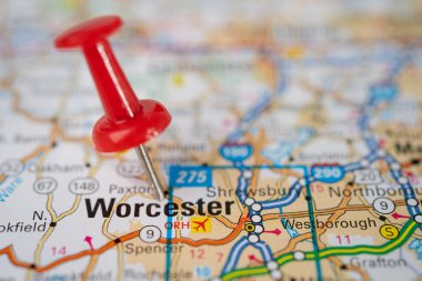 Bangkok, Thailand, June 1, 2020 Worcester, Massachusetts, road map with red pushpin, city in the United States of America USA. clipart
