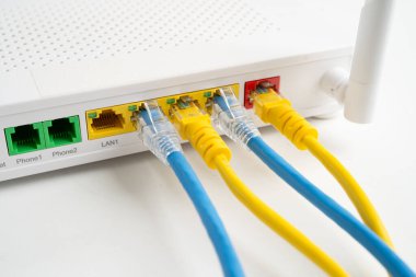 İnternet servis sağlayıcısına kablosuz yönlendirici bağlı ethernet kablosu.