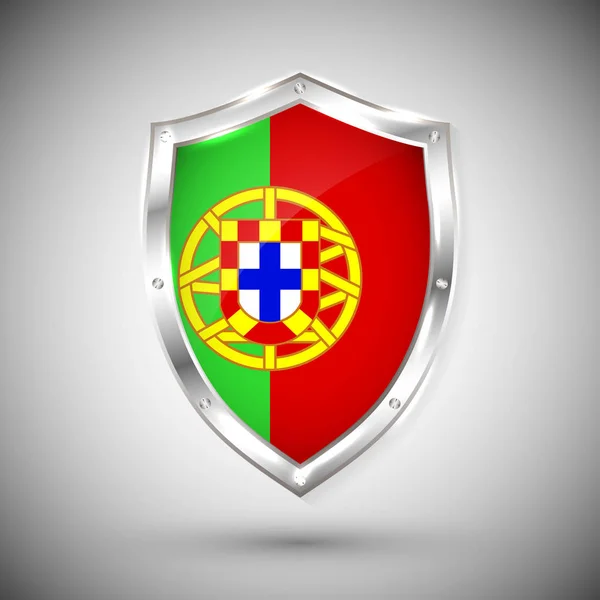 Portugal Flag Metal Shiny Shield Vector Illustration Collection Flags Shield — Stock Vector