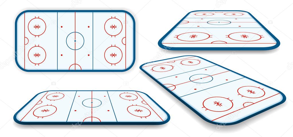 detailed illustration set of a icehockey rink, field, court with different perspectives, eps10 vector.