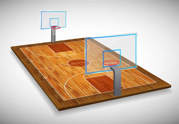 シールド付き木製バスケット ボール裁判所フィールドの視点ベクトル イラスト ベクター Eps コピーのための部屋 — ストックベクタ