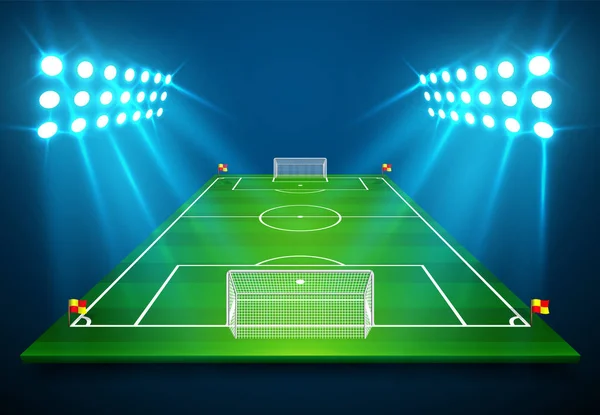 Μια Εικόνα Από Ποδοσφαιρικό Γήπεδο Ποδοσφαίρου Λαμπρό Στάδιο Φώτα Λάμπει — Διανυσματικό Αρχείο