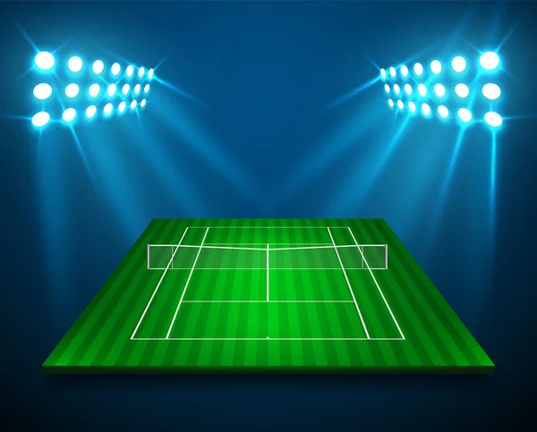 Иллюстрация Перспективного Поля Tennis Украшенного Ярким Дизайном Стадионных Огней Векторная — стоковый вектор