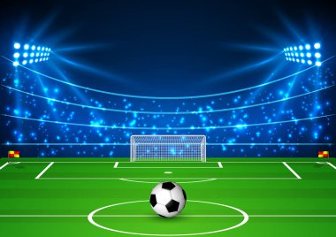 Futbol stadyumu bir top ile. Futbol sahası projektörler ışığında. Futbol Dünya Kupası. Vektör çizim.