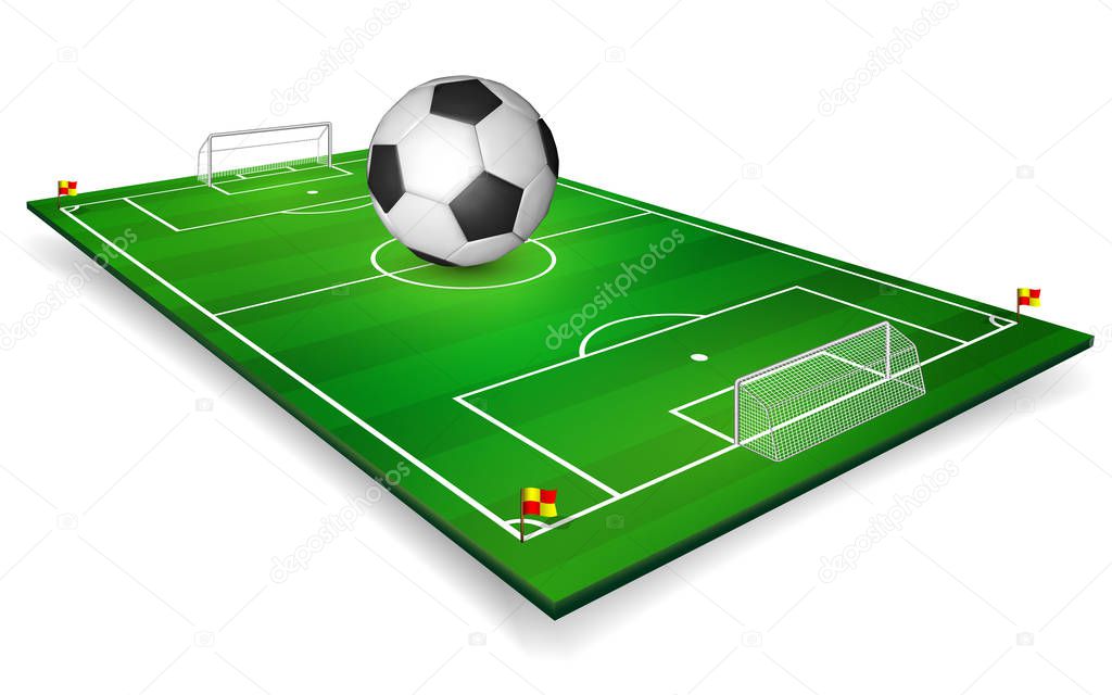 Football field, soccer field set with football ball. Perspective vector illustration. EPS 10.