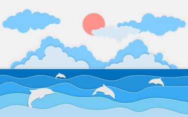 Yunus ve bulutlar deniz manzaralı Illustration. Kağıt kesme ve el sanatları tarzı. Kağıt dalgalar ve sahil afiş, davetiye, poster ya da web sitesi designvector, illüstrasyon için yaz arka plan.