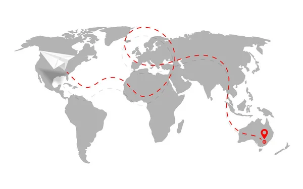 Caminho Avião Forma Linha Tracejada Mapa Mundo Rota Avião Papel —  Vetores de Stock