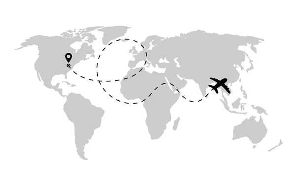 世界地图上虚线形状的飞机路径 平面的路线与世界地图被隔绝在白色背景 — 图库矢量图片