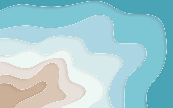 纸艺卡通抽象波浪 蓝色海和海滩夏天背景以纸波浪和海岸为横幅 海报或网站设计 矢量插图 — 图库矢量图片