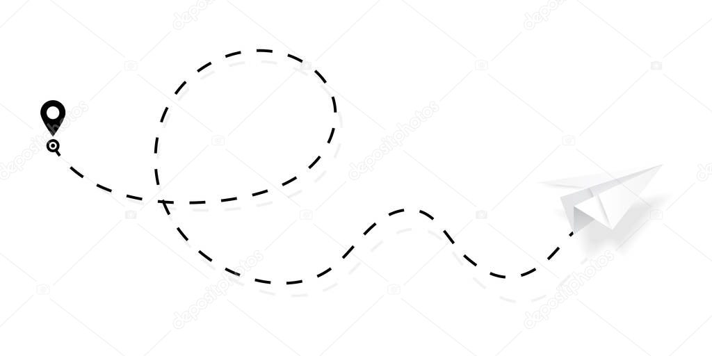 Airplane path in dotted, dashed line shape. Route of paper plane isolated on white background. Vector.