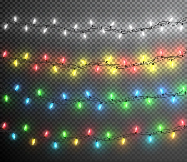 Цветные Гирлянды Праздничные Украшения Светящиеся Рождественские Огни Изолированы Прозрачном Фоне — стоковый вектор